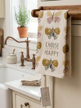 Primitives by Kathy  Butterfly Choose Happy Kitchen Towel - Neutral Brown Yellow